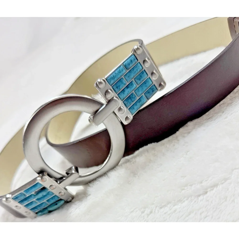 Chicos Turquoise Leather Belt Brown Silver O Ring Buckle Western Southwestern ML